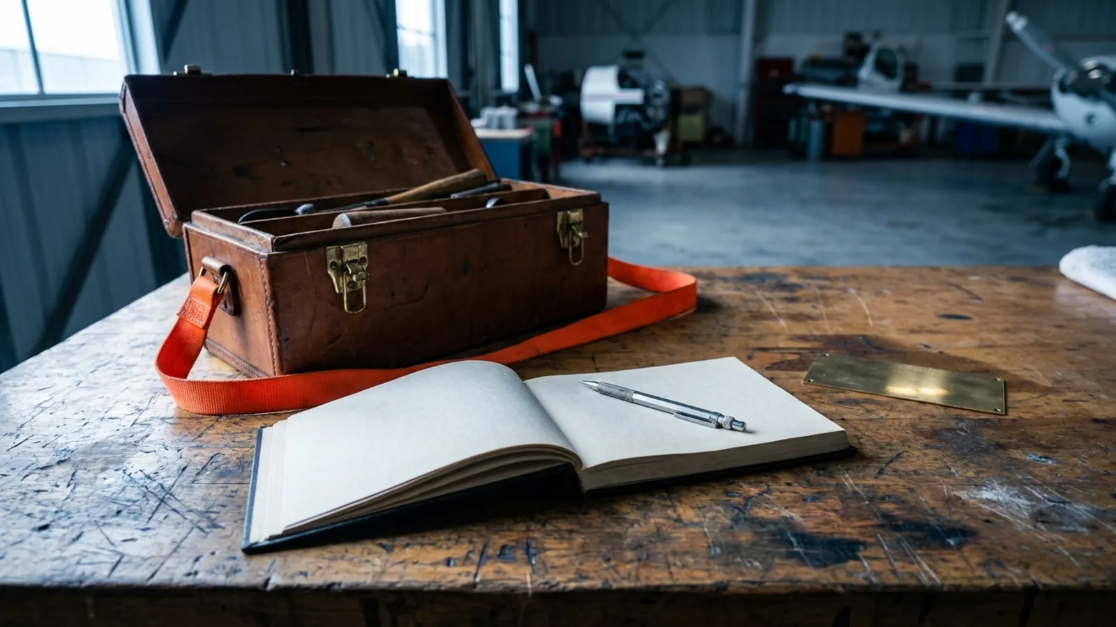 An open leather toolbox beside a blank maintenance logbook and pencil on a hangar workbench