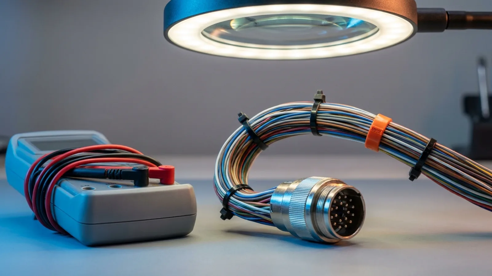 A laced wiring harness and connector on an avionics bench beside a plain multimeter under a magnifier lamp