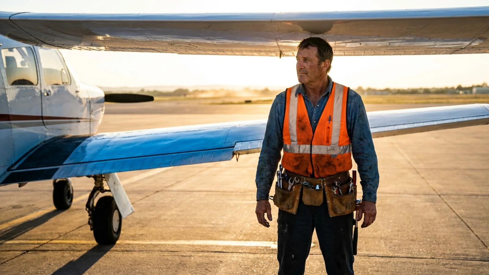 A mechanic with a tool belt standing under an aircraft wing on the ramp at golden hour