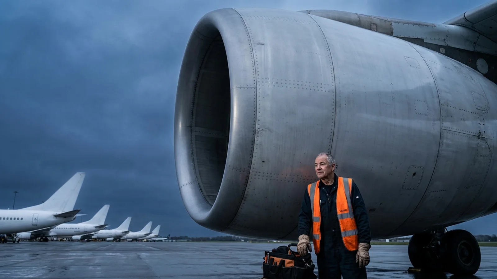 A mechanic in an orange vest standing beneath the large engine nacelle of a commercial jet on the ramp at an airline maintenance base