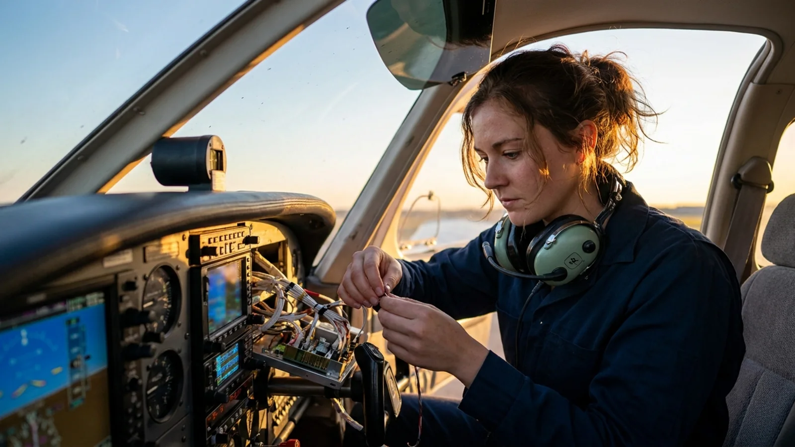 An avionics technician working on an open cockpit instrument panel with a headset around her neck at sunset