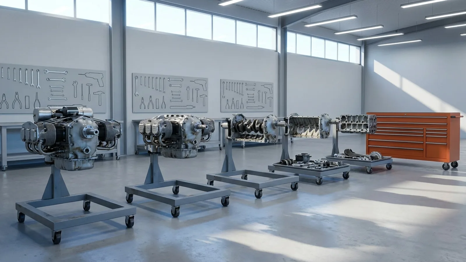 A row of training engines at different stages of teardown mounted on stands in an empty aviation school shop